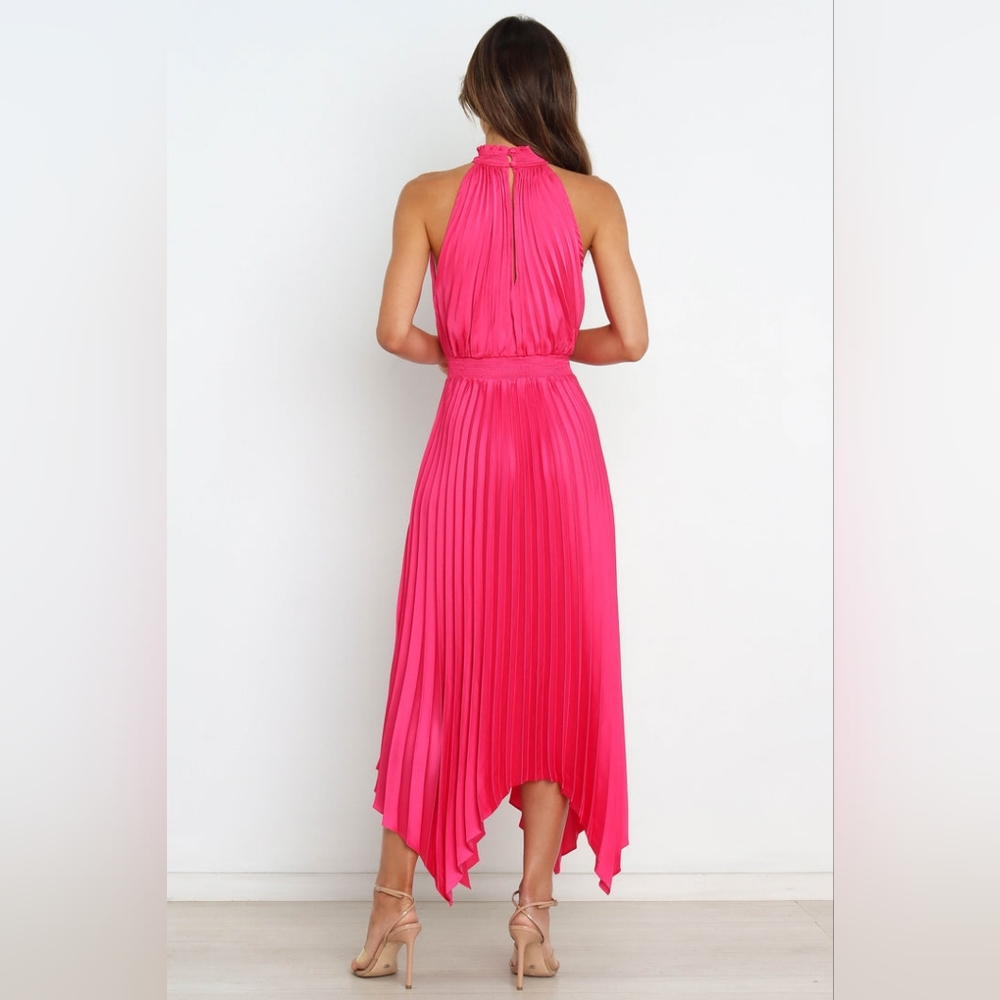 Petal & Pup Hot Pink Sleeveless Halter Neck Dominique Pleated Midi Dress Size 4 - Picture 2 of 6